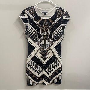 Express Black, White, and Brown Geometric Sequin Dress